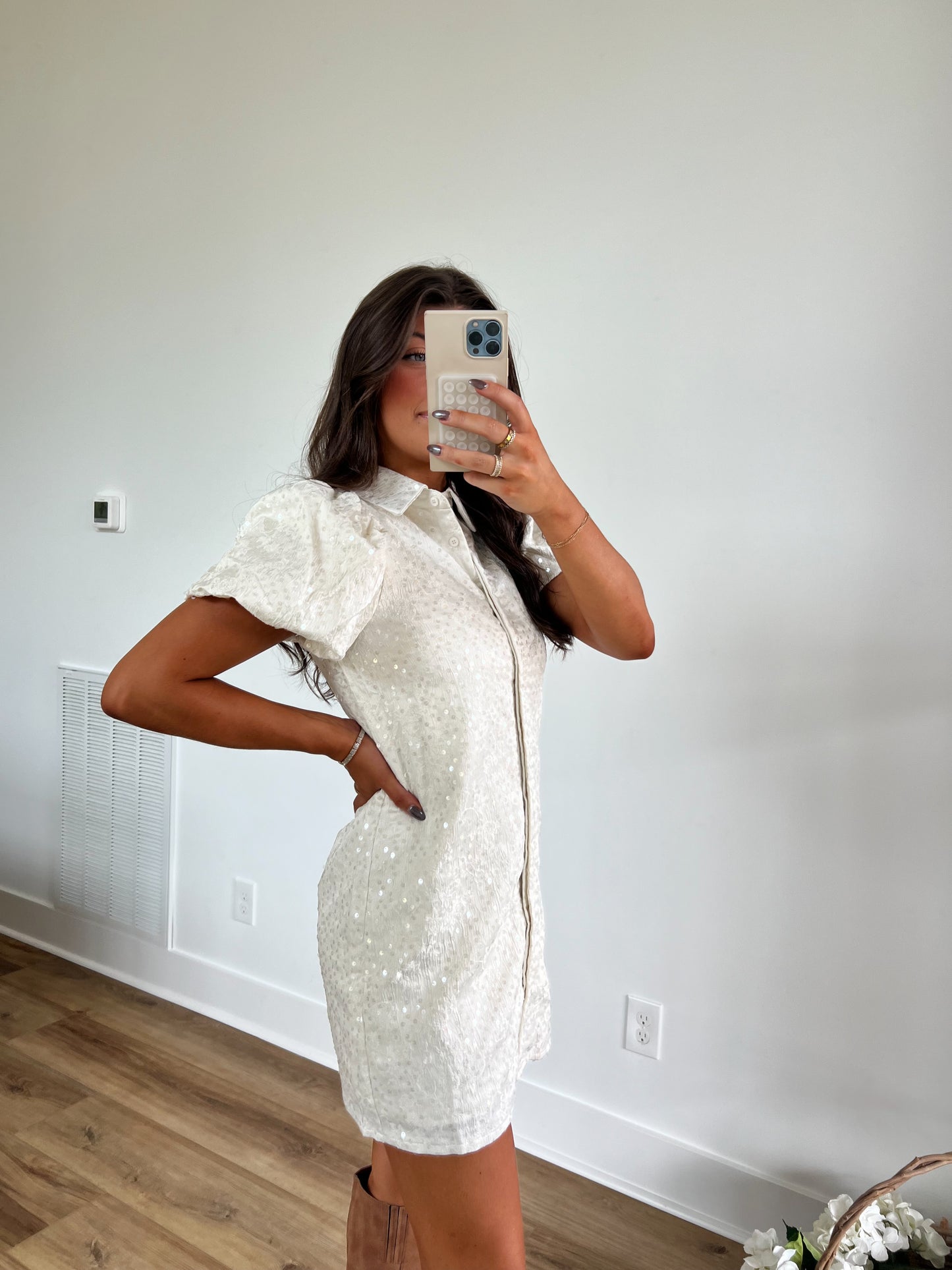 Cream Sequin Button Down Dress