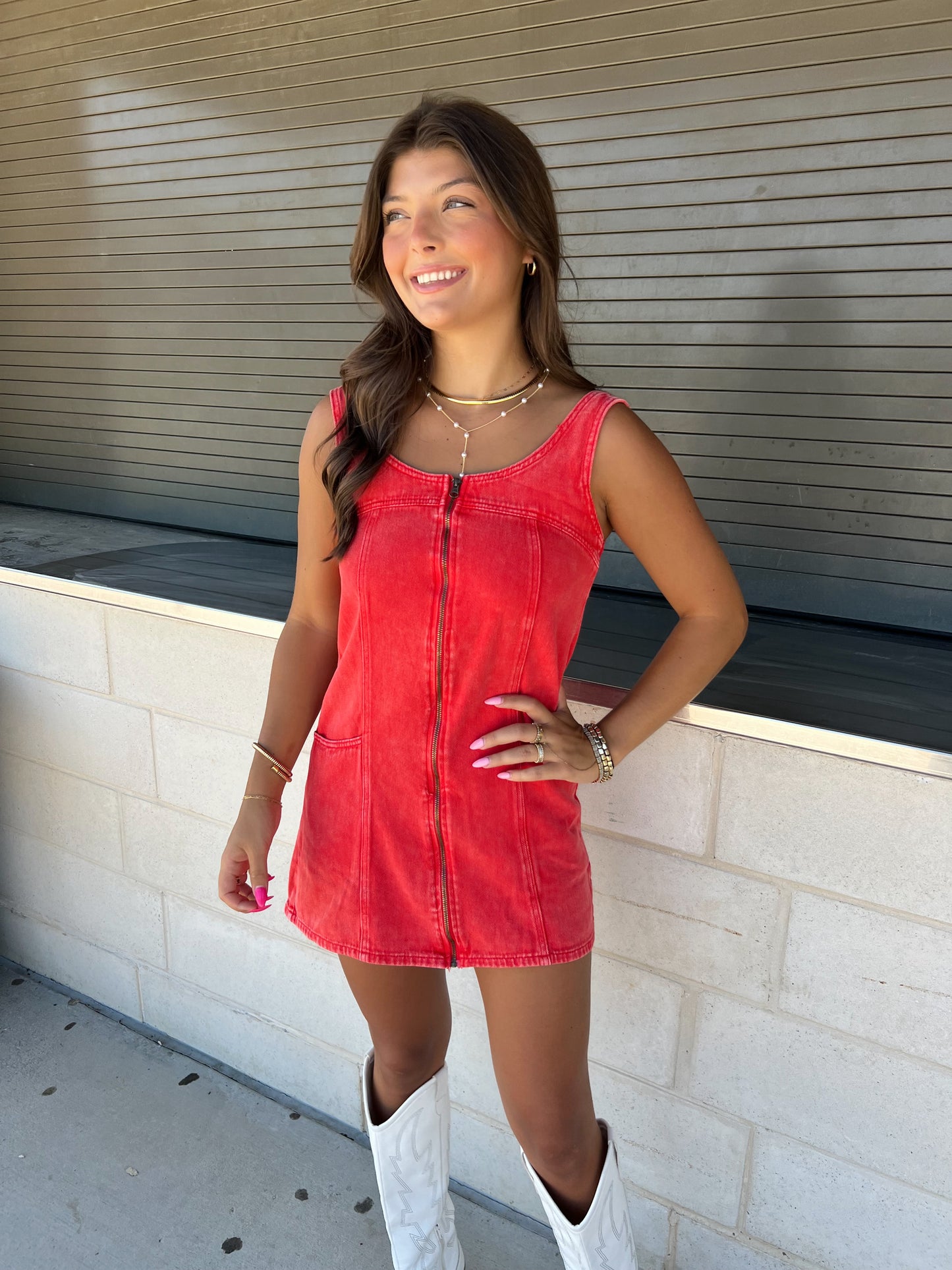 Red Washed Denim Mini Dress