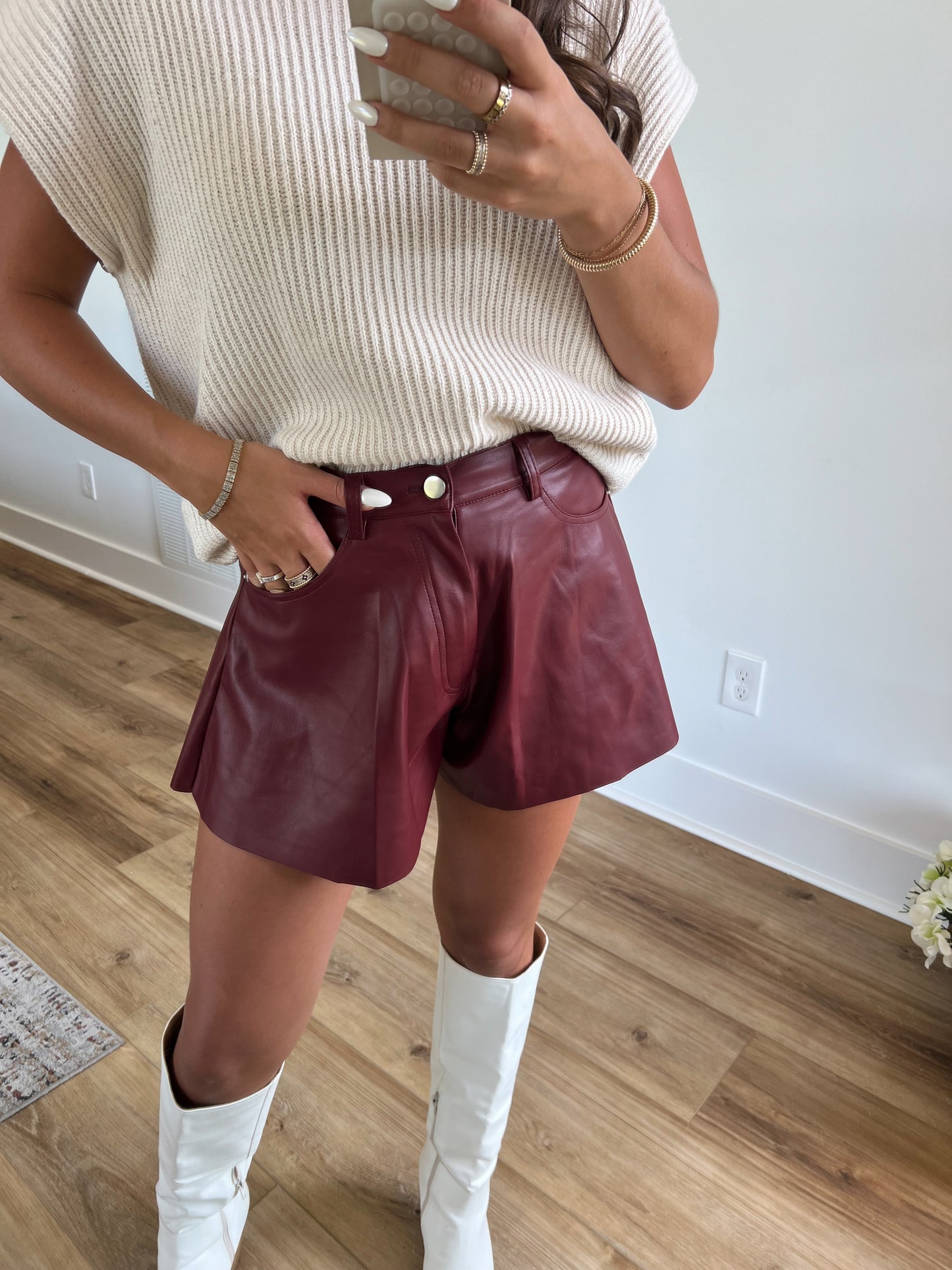 (Scarlet) Leather Flare Shorts (Restock)