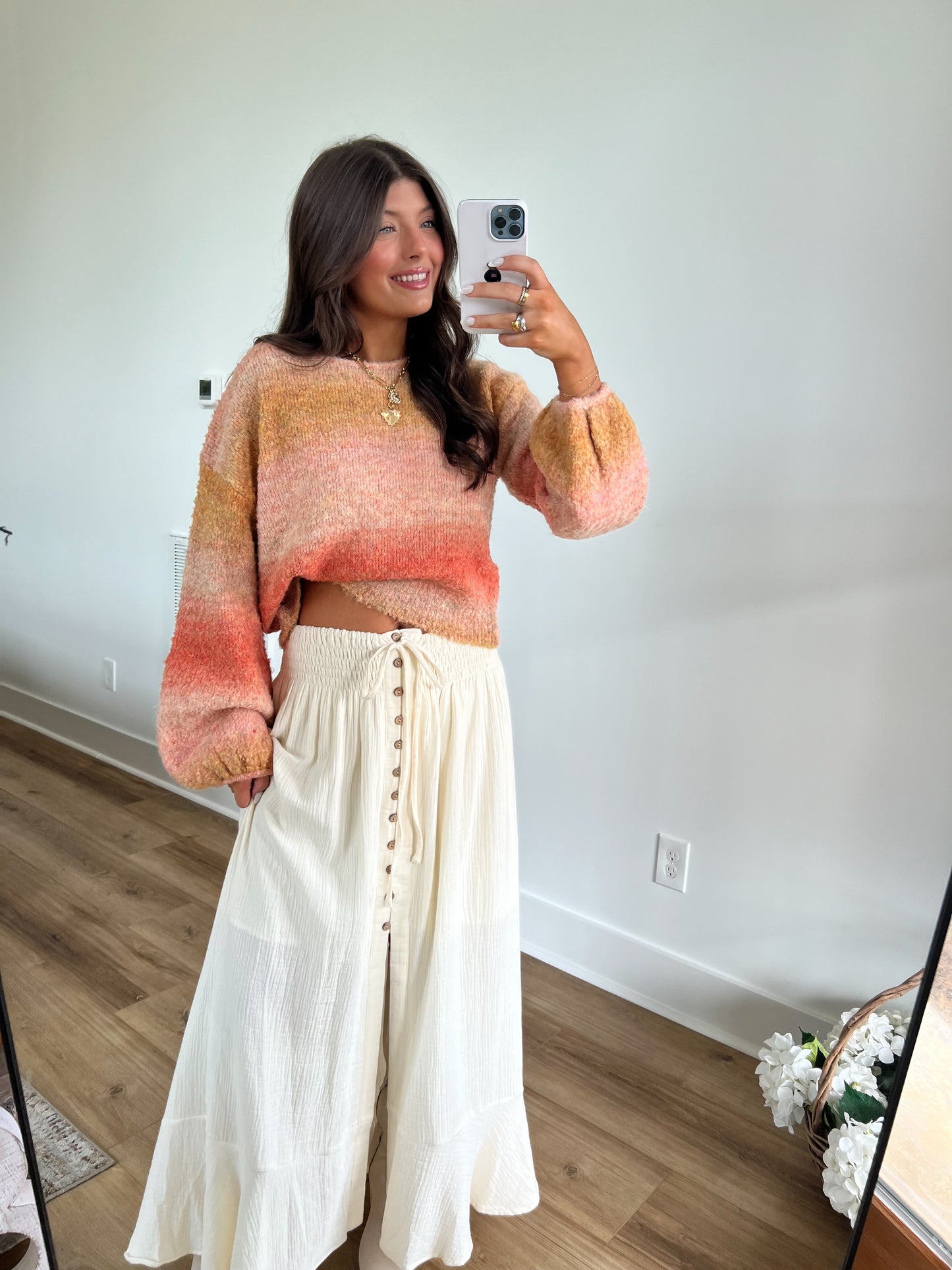 Cream Smocked Front Slit Maxi Skirt