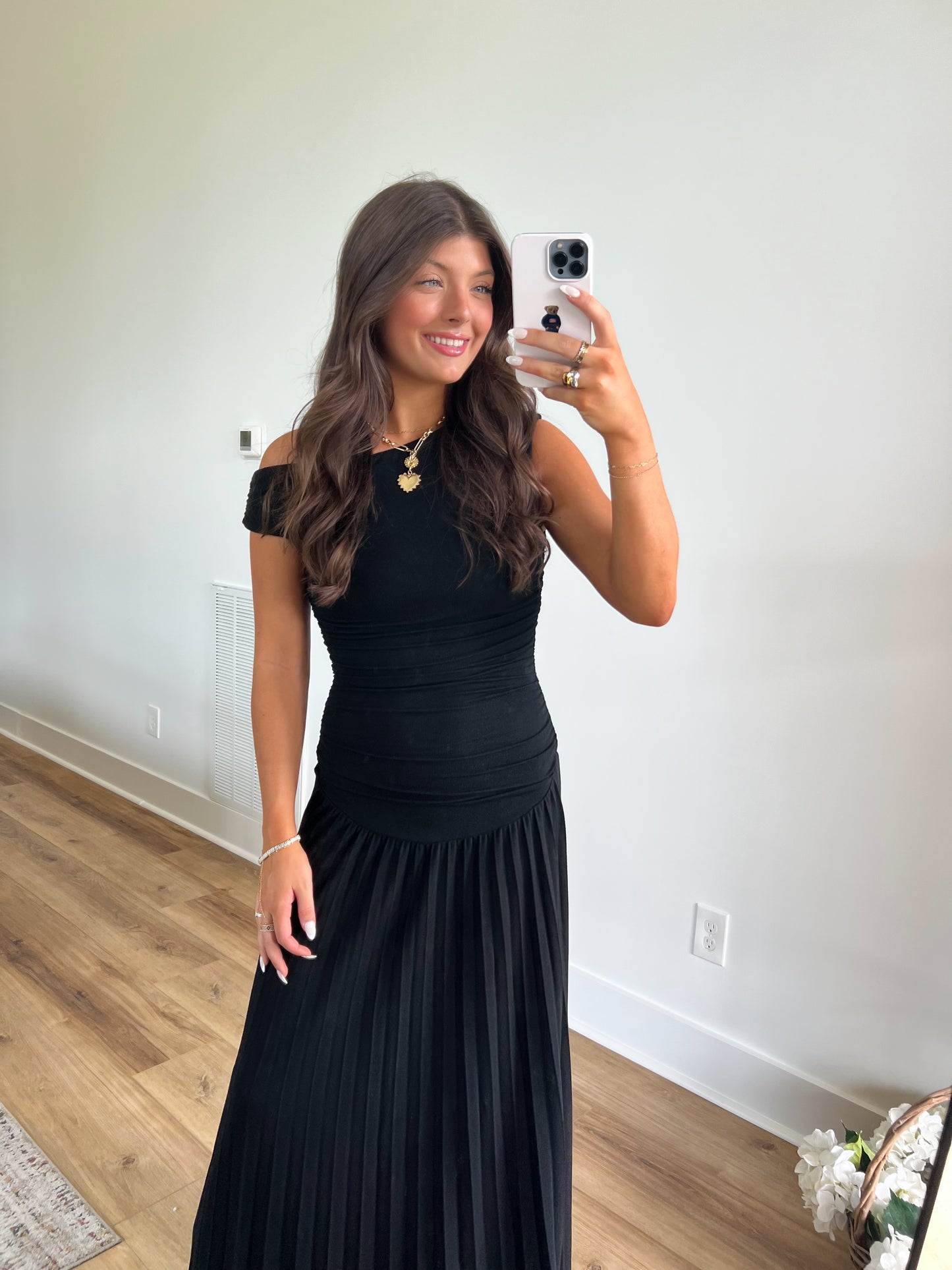 Black One Shoulder Pleated Maxi Dress