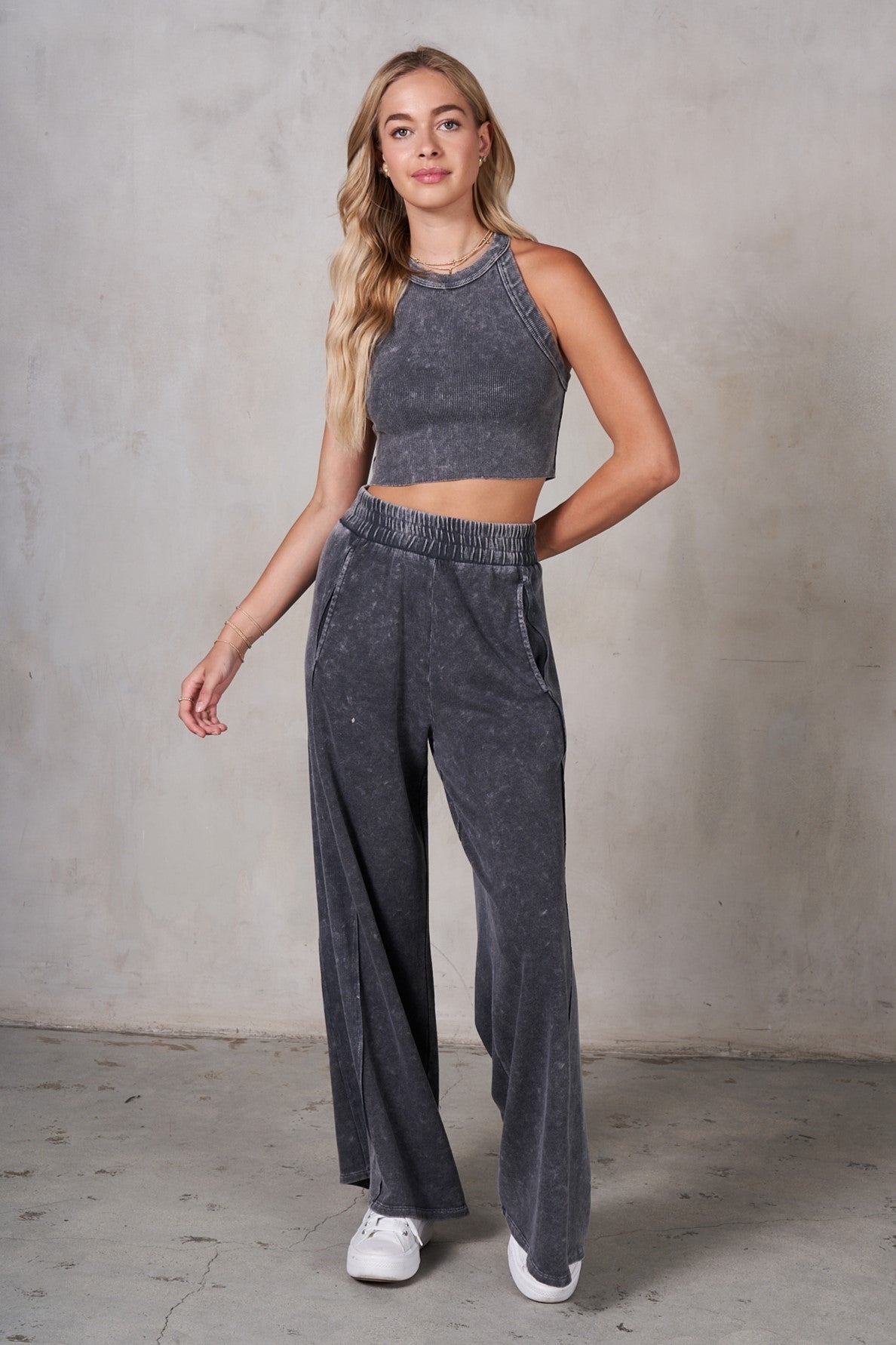 Ribbed Tank Wide Leg Pant Set (Charcoal)