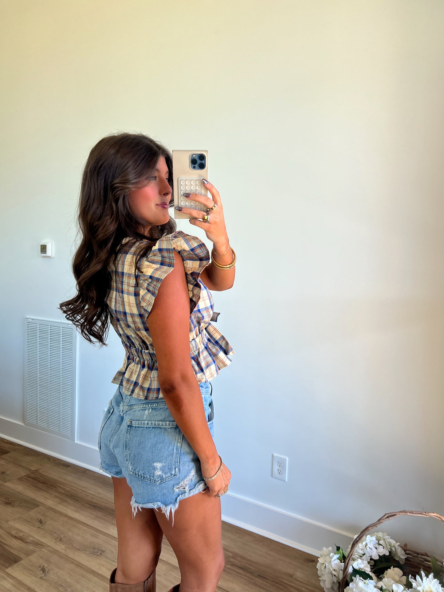 Blue Plaid Ruffle Top