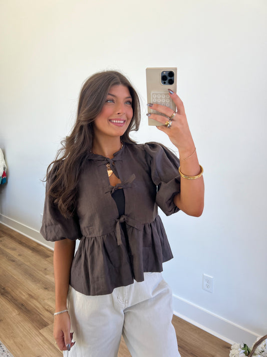 Brown Linen Peplum Top