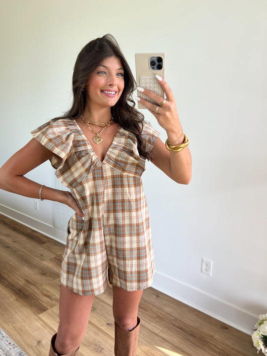 Plaid Romper w/ Ruffle Sleeves (Blue)