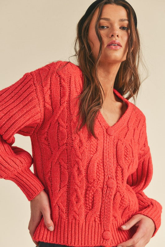 Red Cable Knit Cardigan