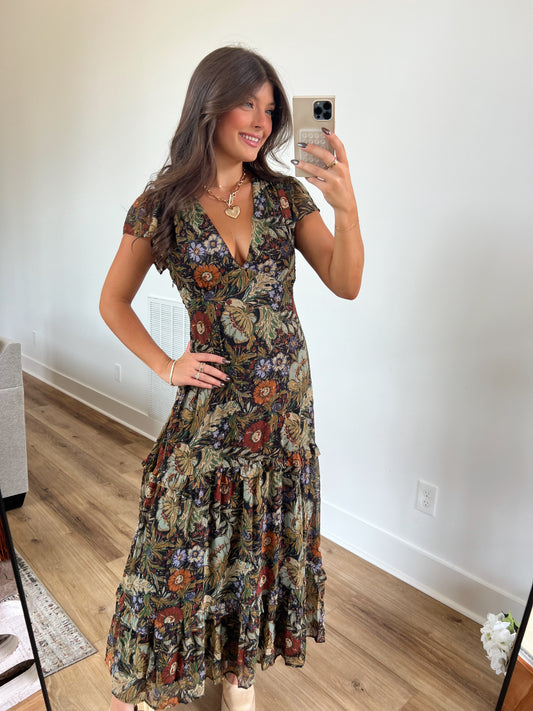 Fall Floral Flutter Sleeve Maxi Skirt