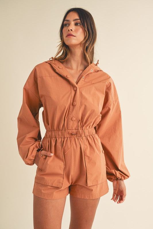 Tan Button Down Hoodie Romper