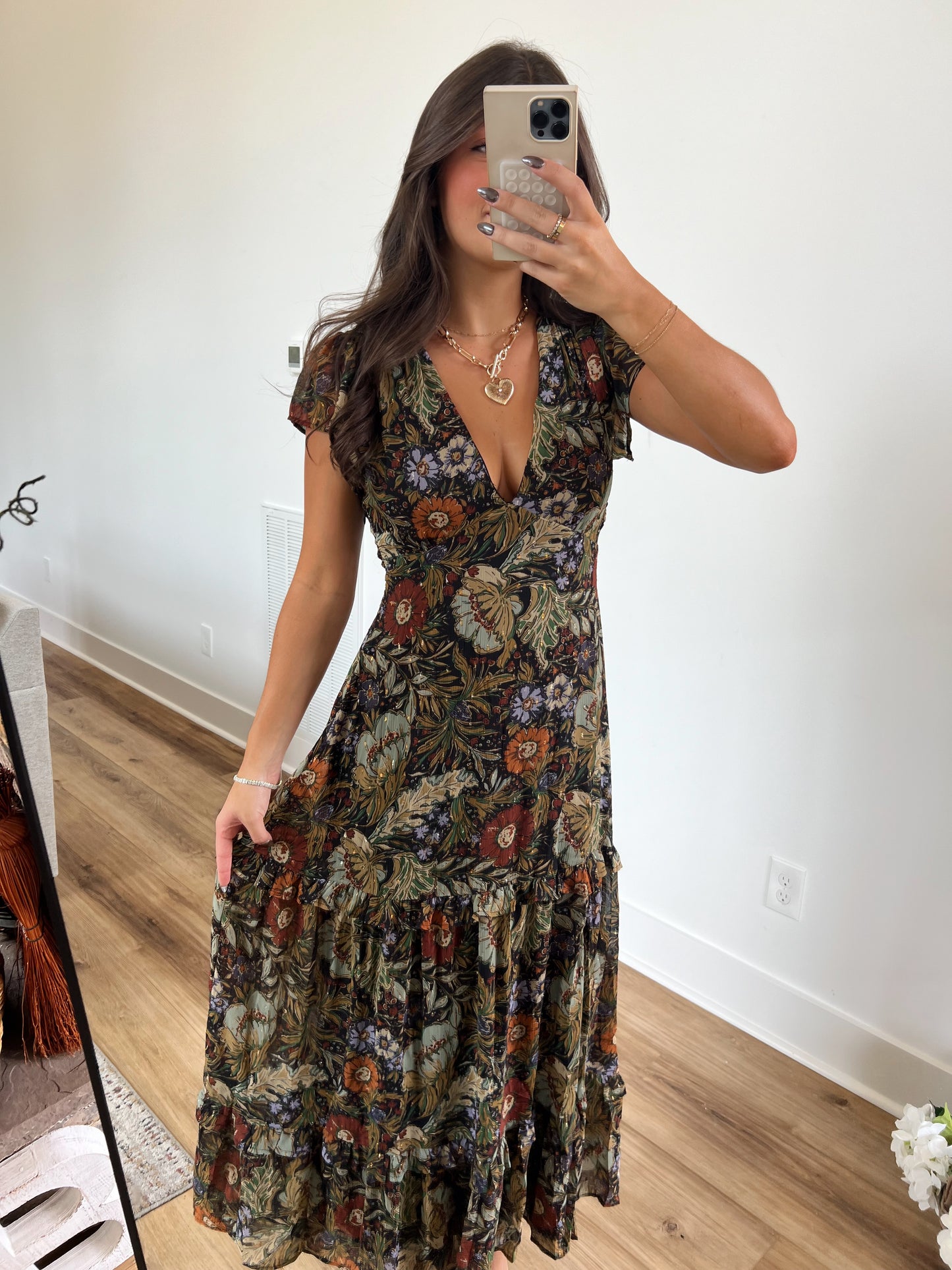 Fall Floral Flutter Sleeve Maxi Skirt