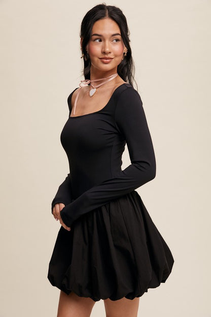 Square Neck Black Bubble Dress (Restock)