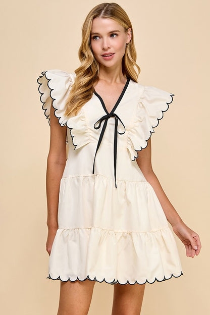 Bow Scallop Dress (Cream/Black)