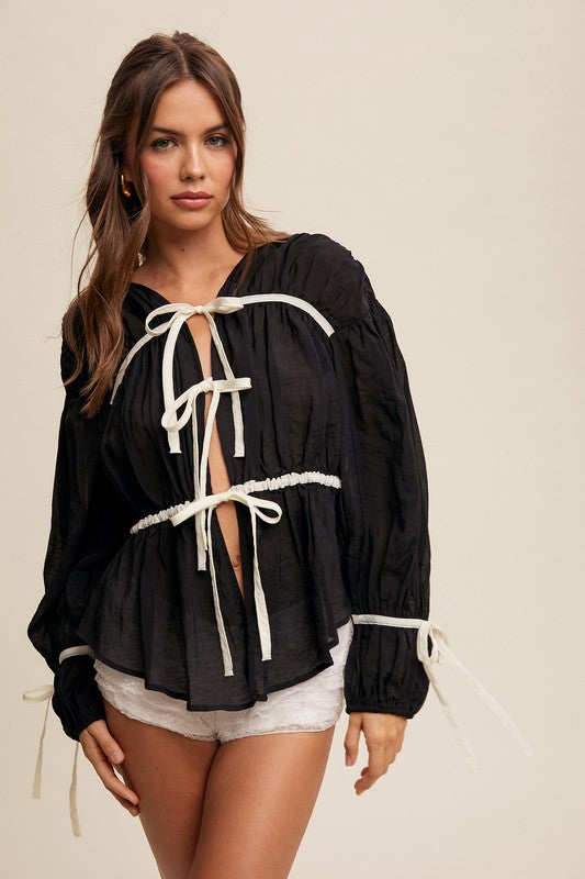 Front Tie Blouse (Black/Cream) (Restock)