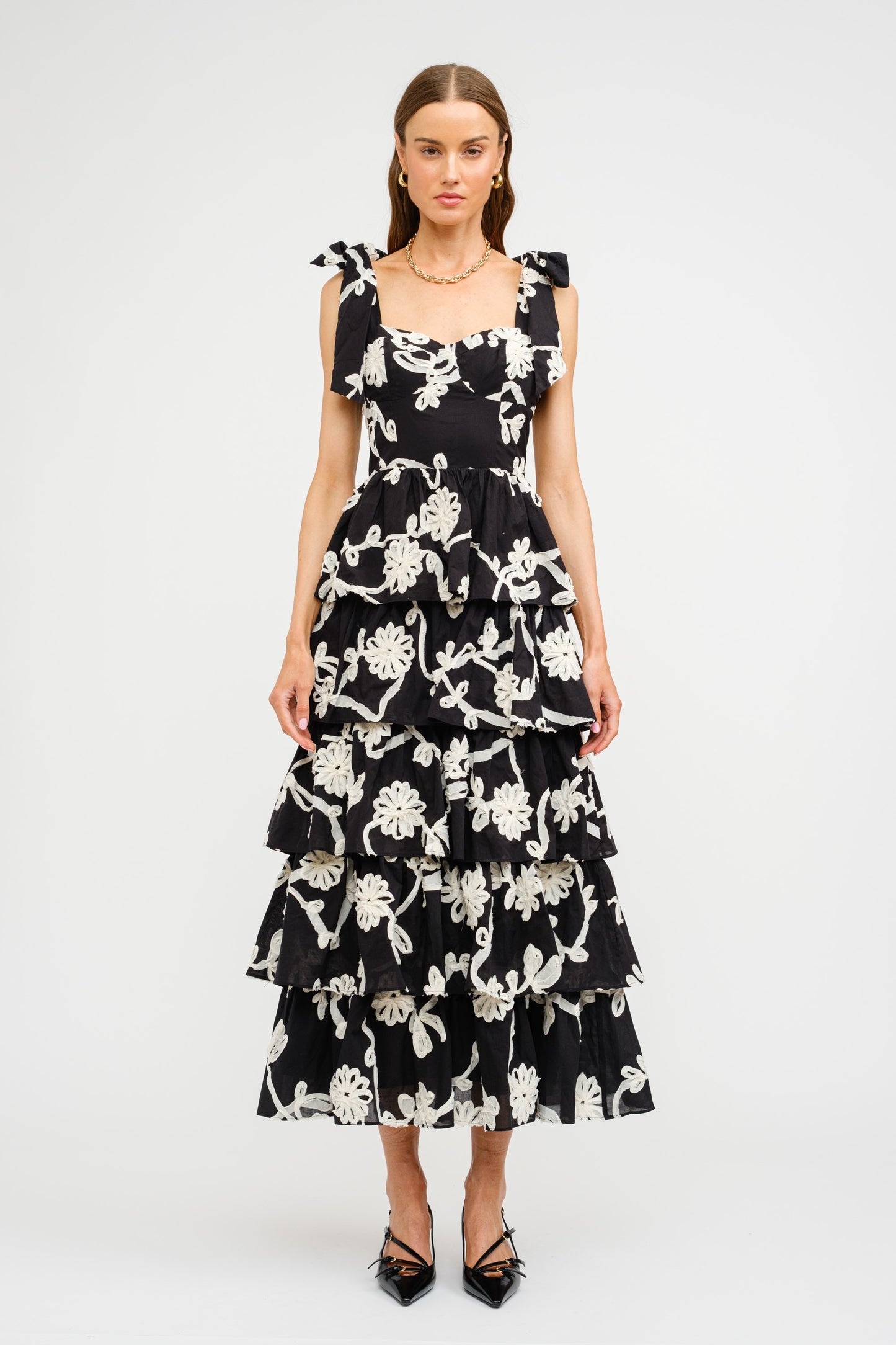 Floral Embroidered Tiered Midi Dress