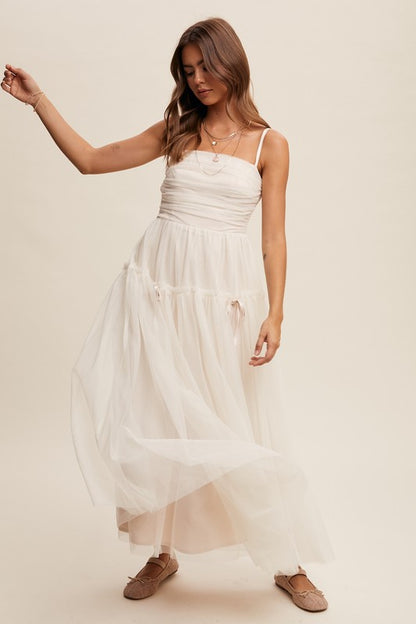 Beige Ruched Mesh Bow Maxi Dress