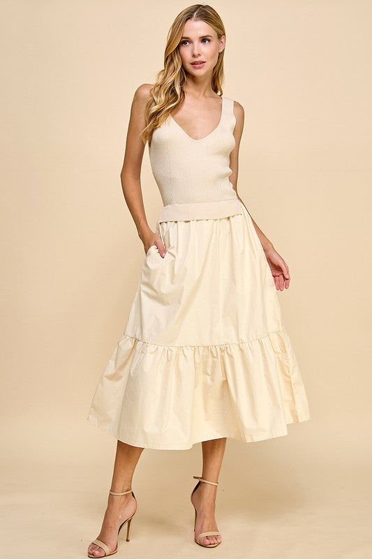 Knit Bodice Midi Dress (Cream)