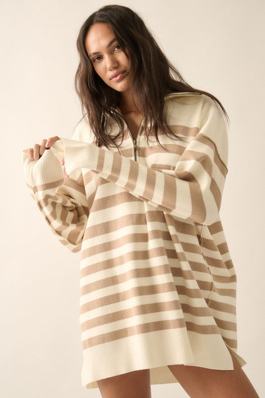 (Cream) Stripe Knit Sweater Dress