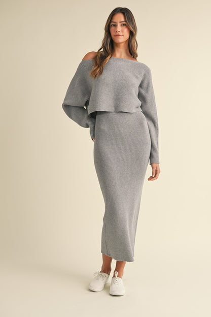 Grey Ribbed Knit Midi Skirt Set (Restock)