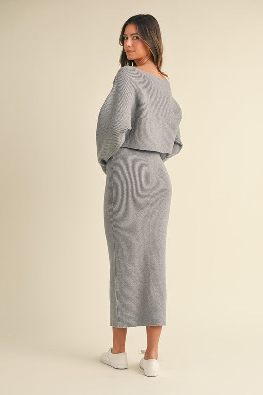 Grey Ribbed Knit Midi Skirt Set (Restock)