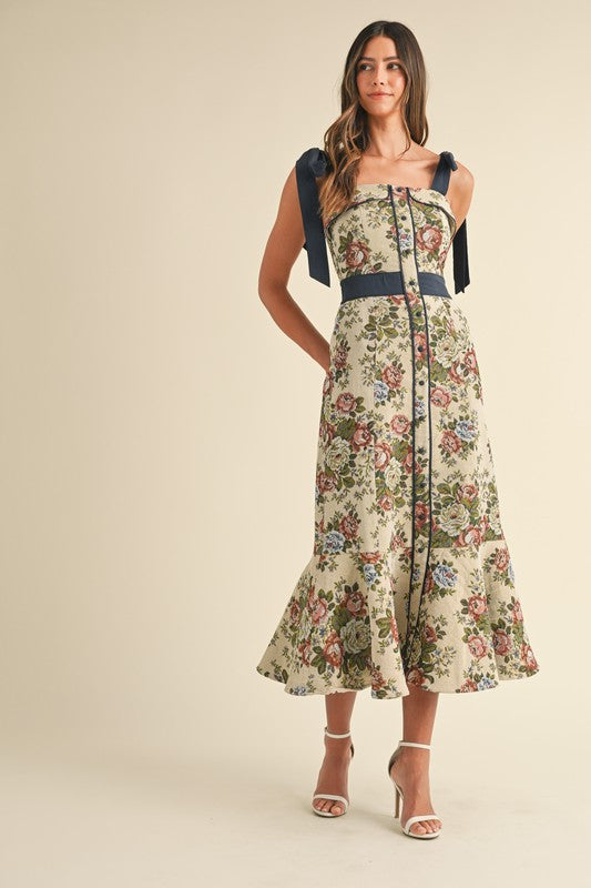 Tapestry Shoulder Tie Midi Dress