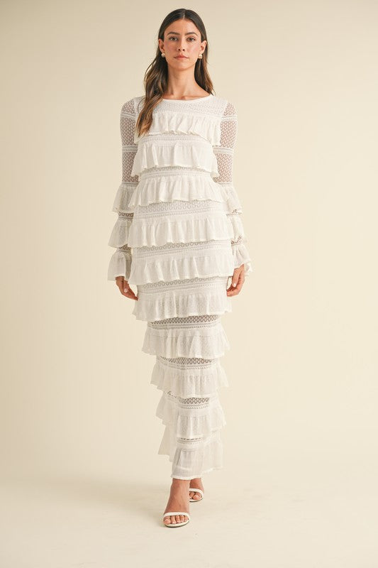 Ruffle Tiered Knit Maxi Dress Long Sleeve