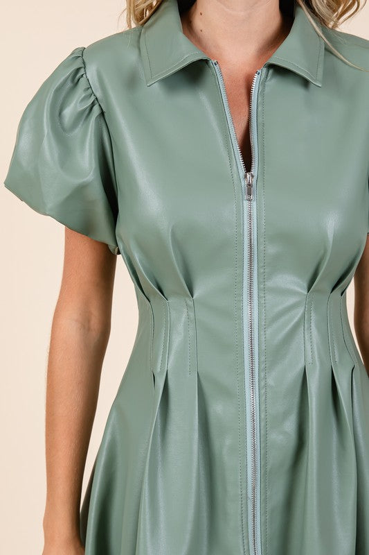 Sage Leather Puff Sleeve Dress