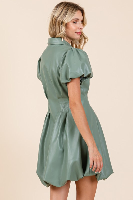 Sage Leather Puff Sleeve Dress