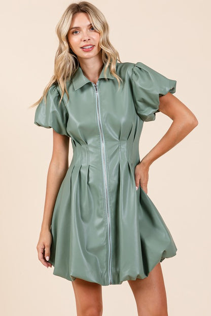 Sage Leather Puff Sleeve Dress