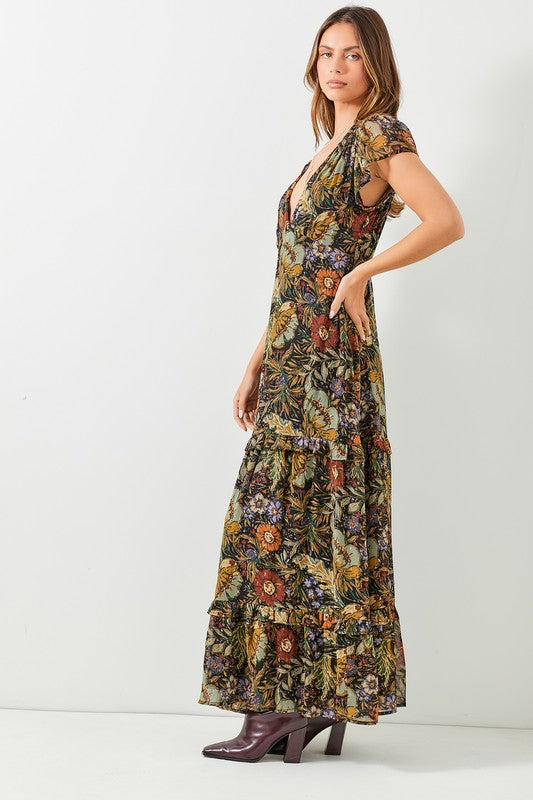 Fall Floral Flutter Sleeve Maxi Skirt