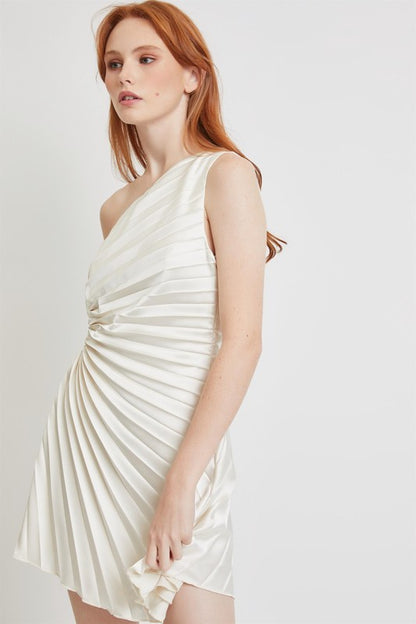 One Shoulder Pleated Cream Mini Dress