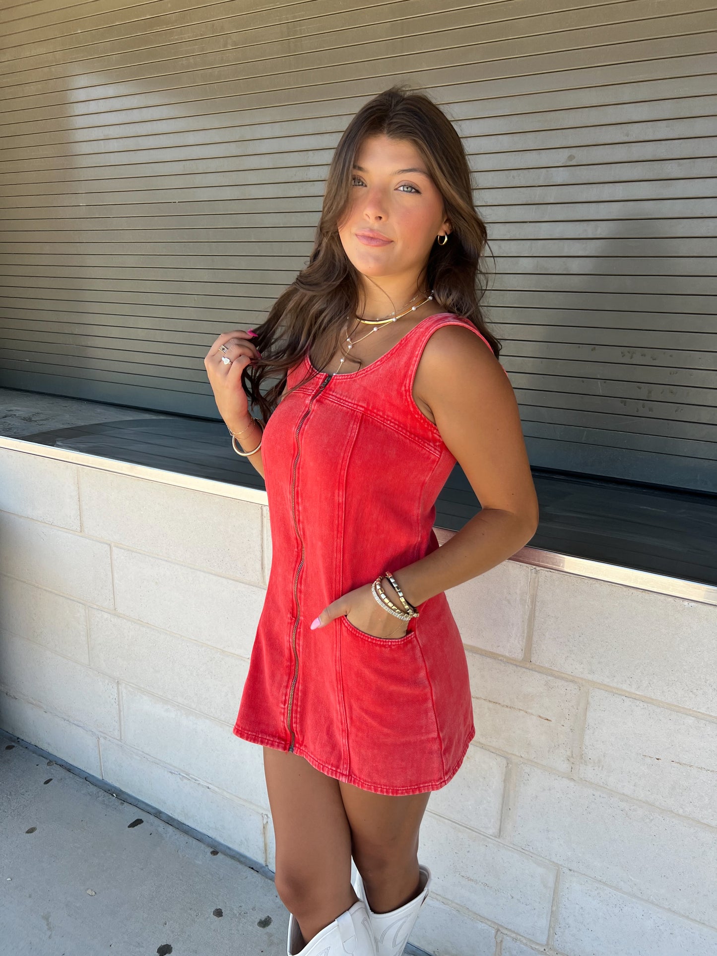 Red Washed Denim Mini Dress