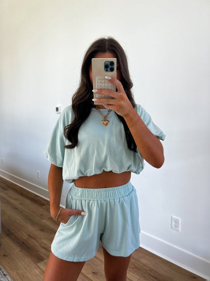 Baby Blue Bubble Crop Top Set