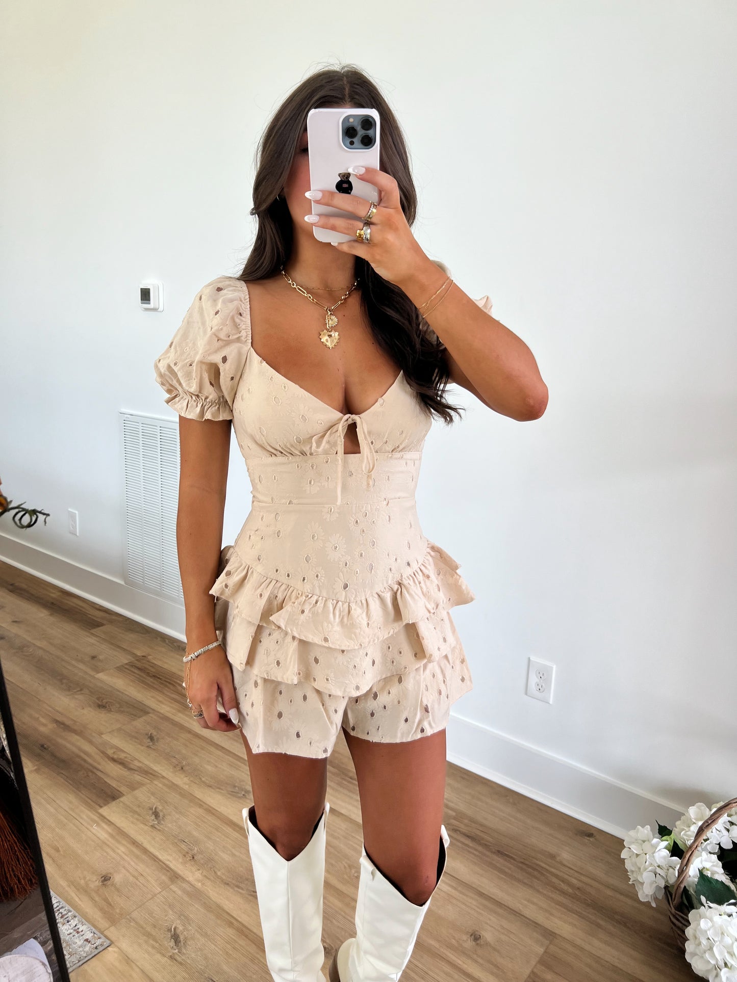 Beige Eyelet Ruffle Romper