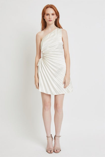 One Shoulder Pleated Cream Mini Dress