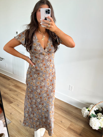 Grey Fall Flower Maxi Dress