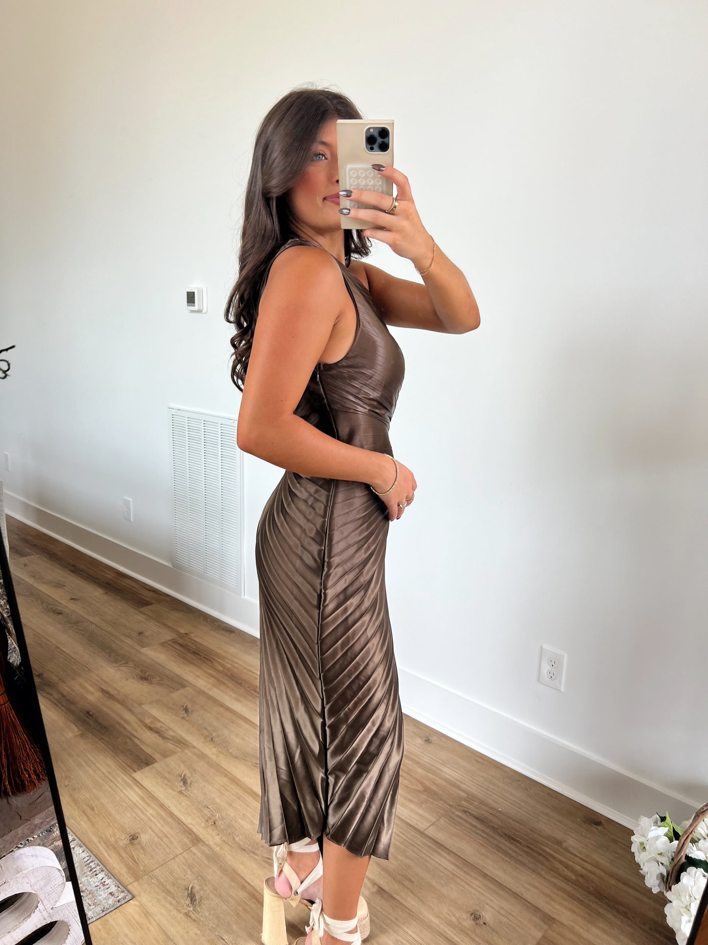 Metallic Pleated Midi Dress