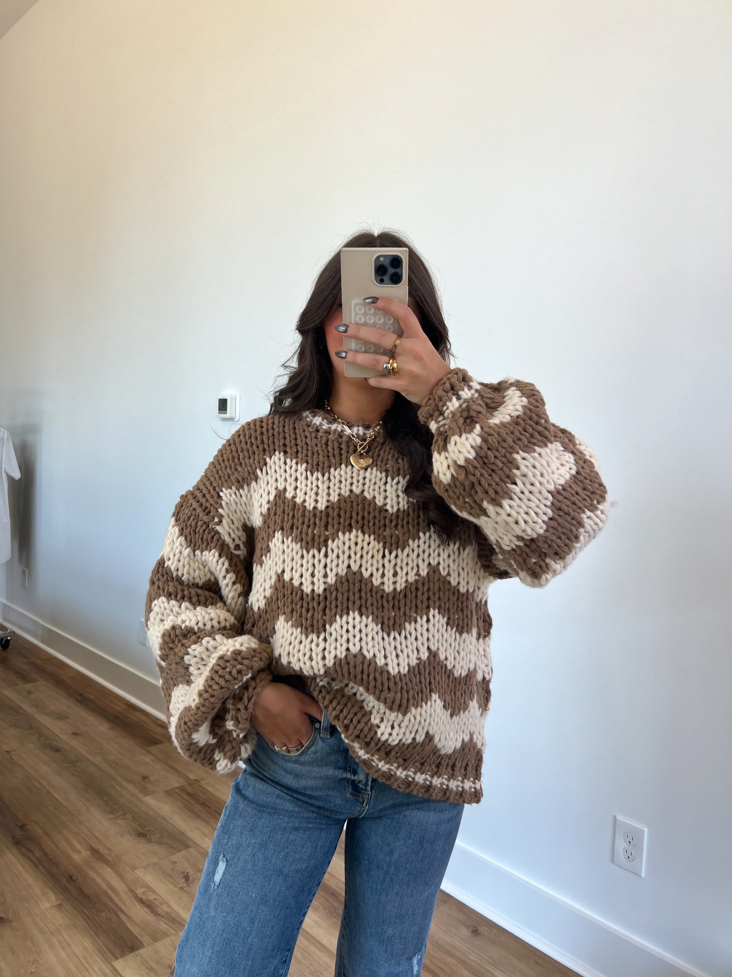 Cheveron Oversized Chunky Knit Sweater (Brown)