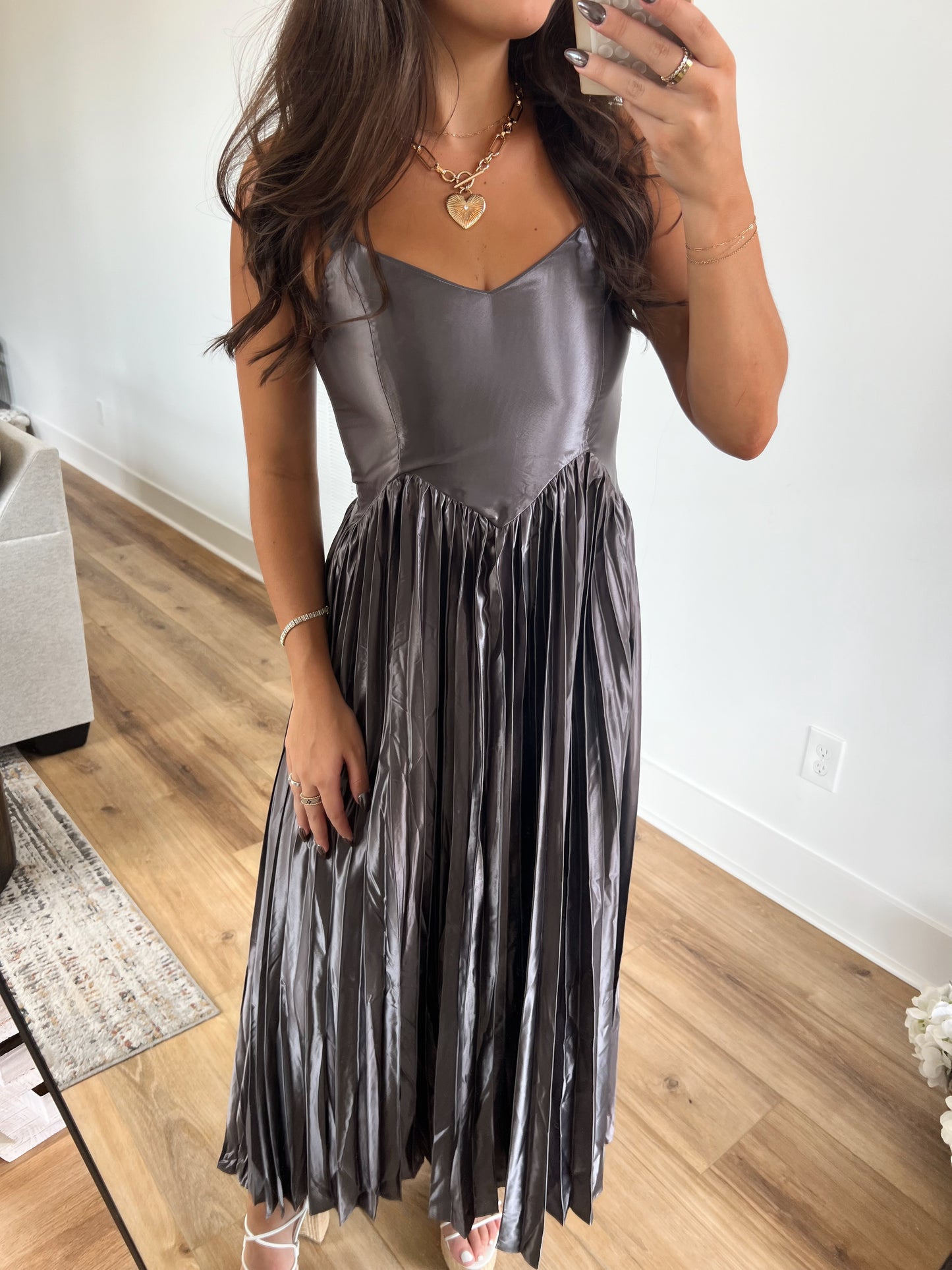 Grey Metallic Pleat Midi Dress