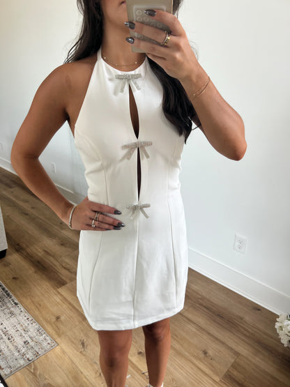 White Bow Detail Halter Neck Mini Dress