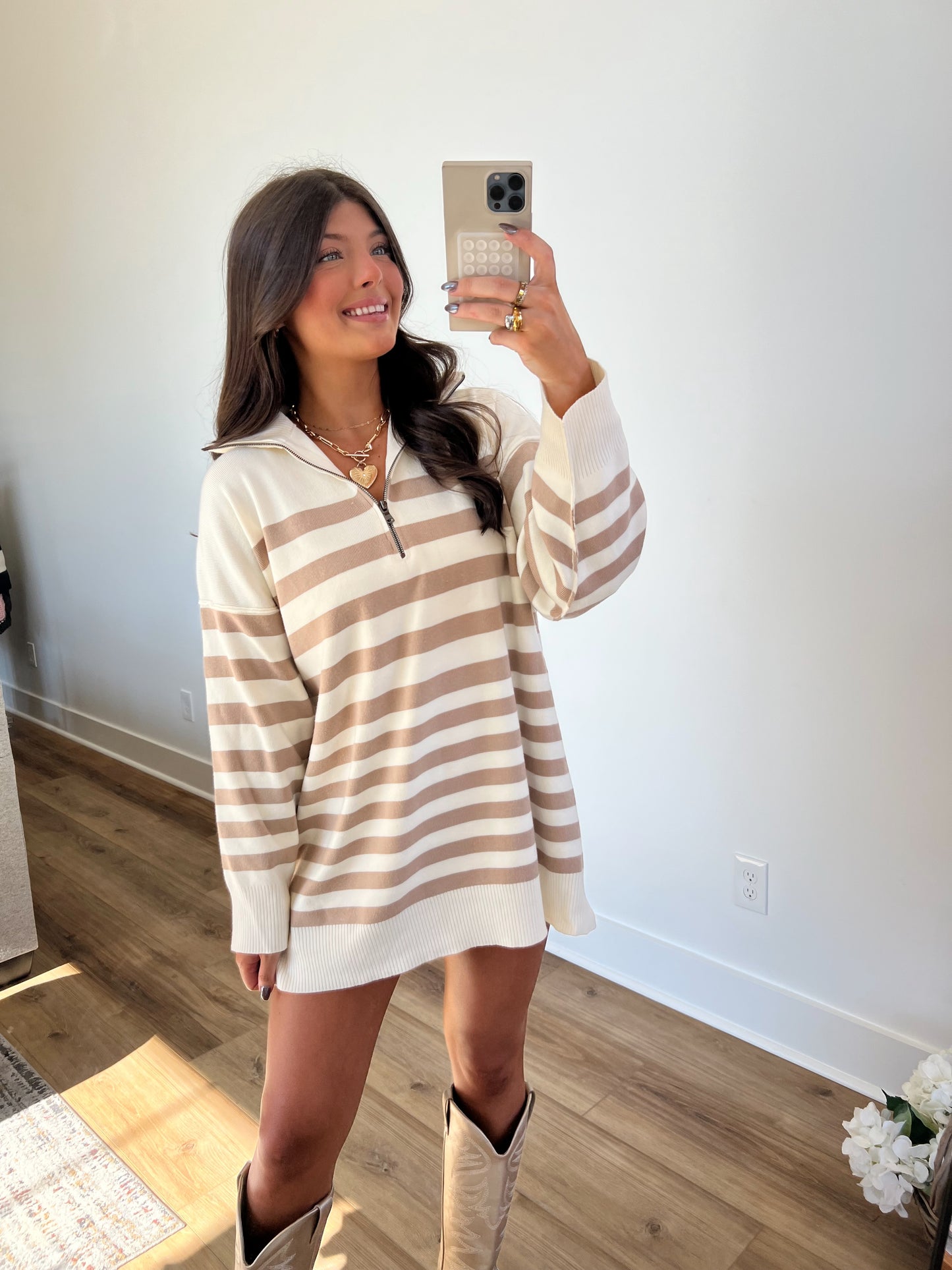 (Cream) Stripe Knit Sweater Dress