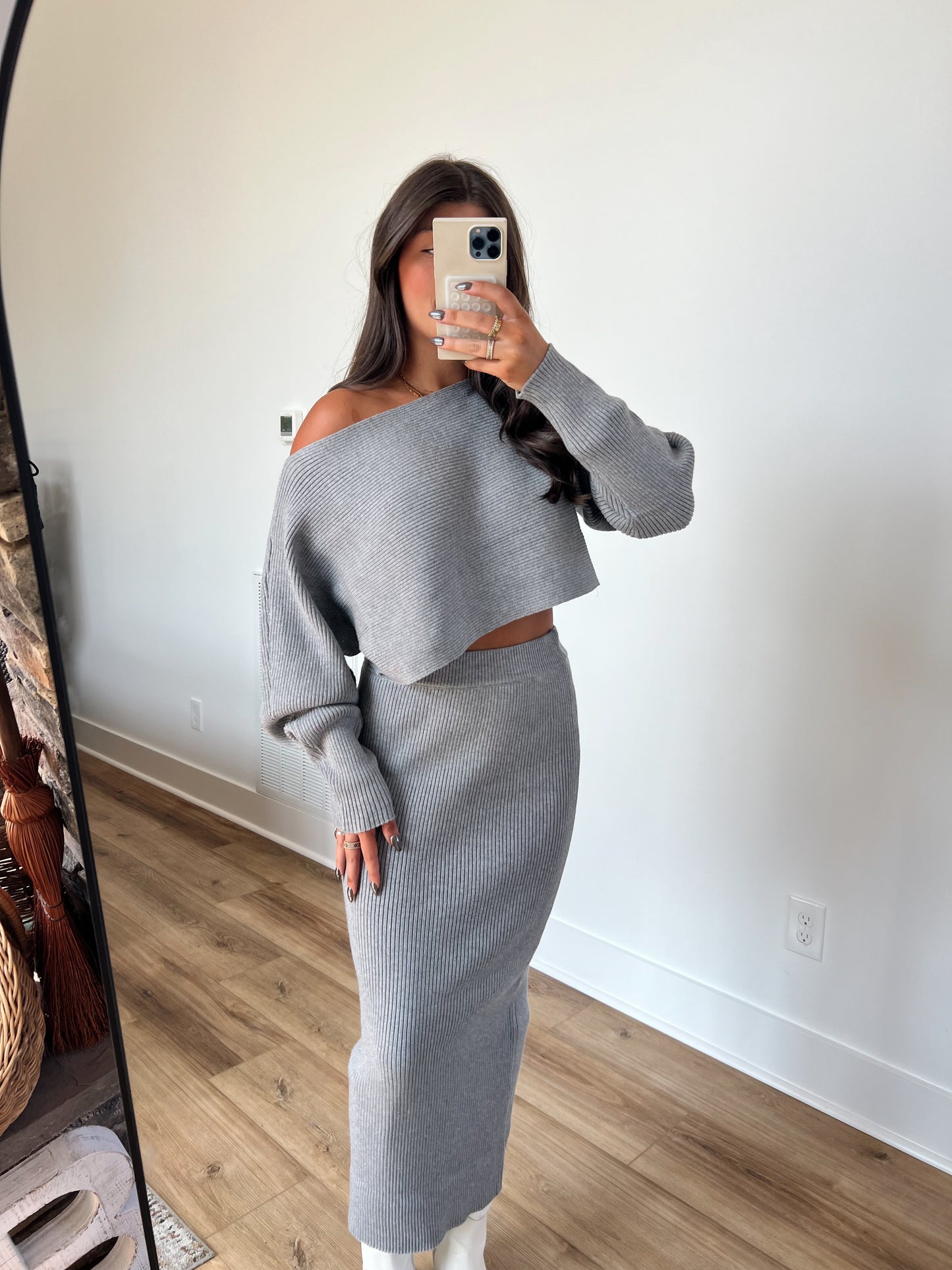 Grey Ribbed Knit Midi Skirt Set (Restock)