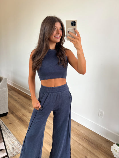 Ribbed Tank Wide Leg Pant Set (Deep Blue)(Restock)