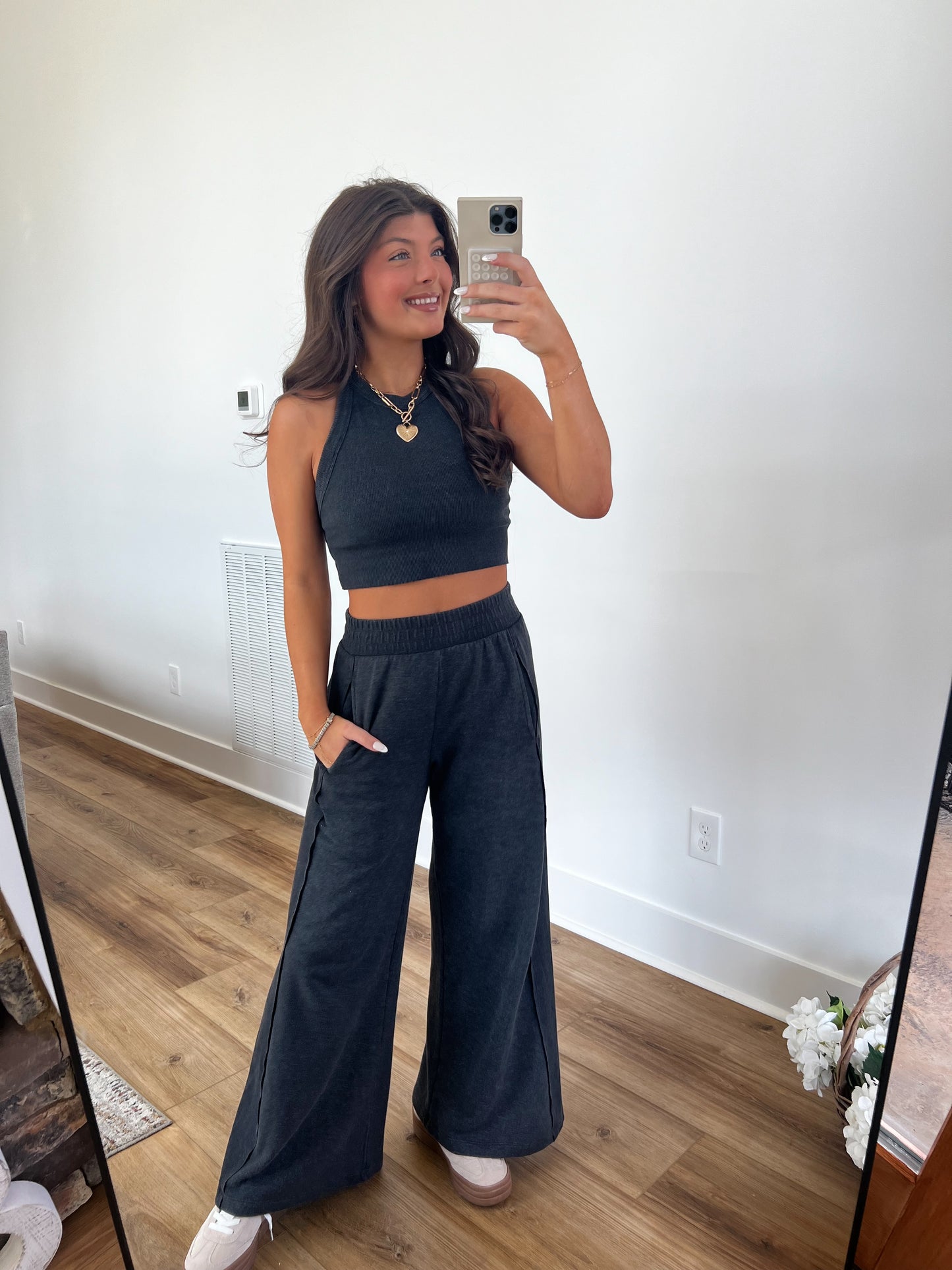 Ribbed Tank Wide Leg Pant Set (Charcoal)