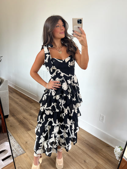 Floral Embroidered Tiered Midi Dress