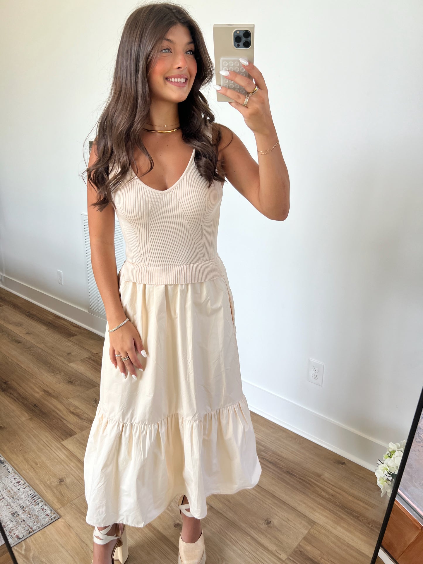 Knit Bodice Midi Dress (Cream)