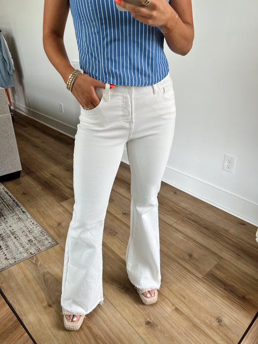 White Mid Rise Flare Pants