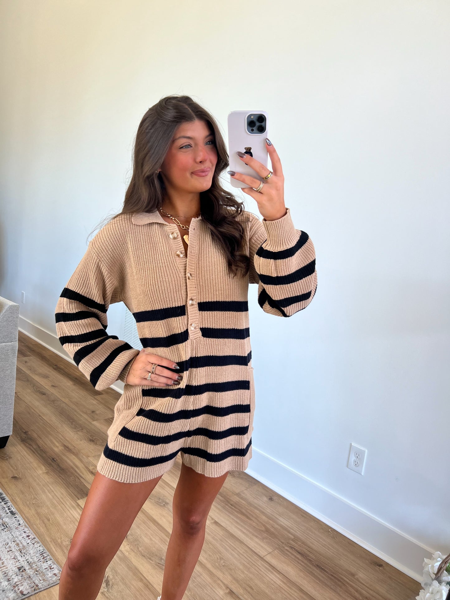 (Brown) Stripe Knit Romper