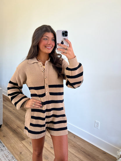 (Brown) Stripe Knit Romper