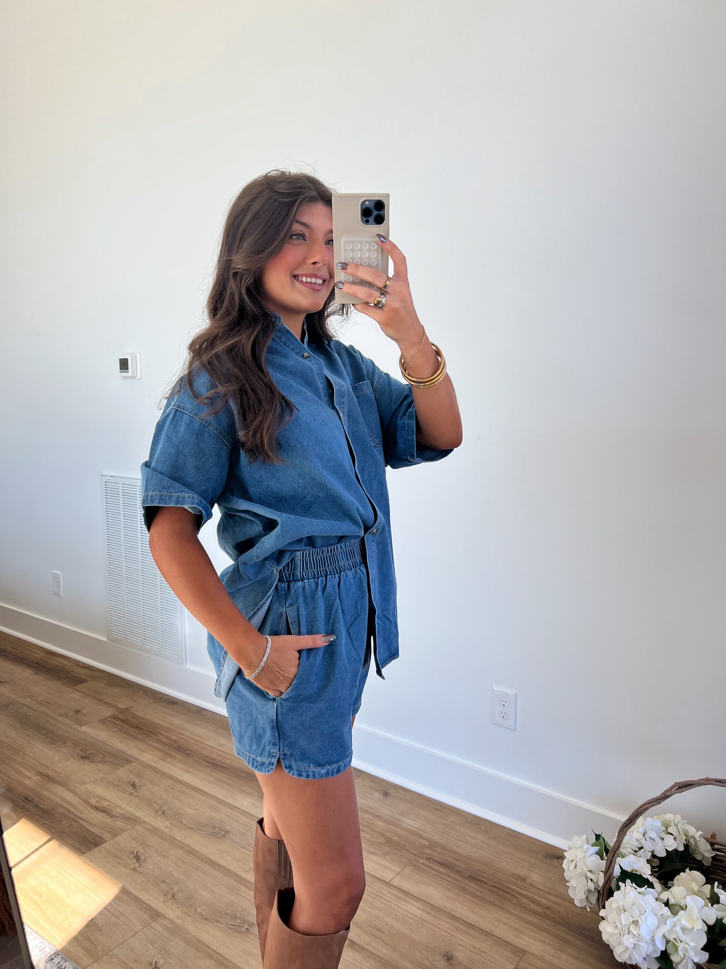 Oversized Button Down Denim Shorts Set (PRE-ORDER/Restock)