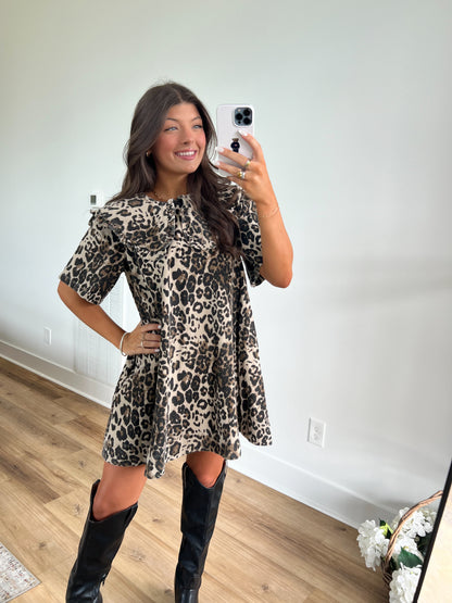 Cheetah Denim Peter Pan Mini Dress