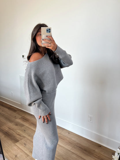 Grey Ribbed Knit Midi Skirt Set (Restock)